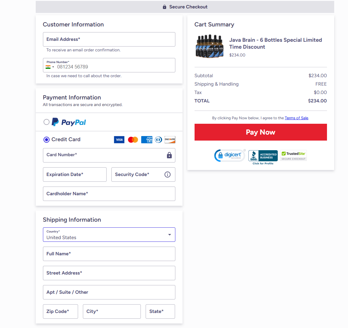 Java Brain Checkout Page